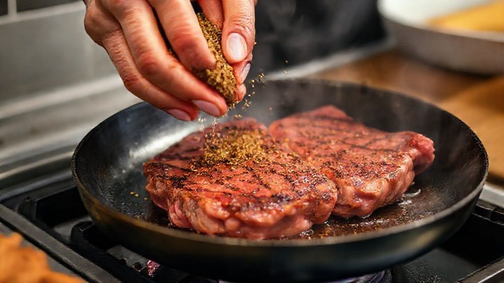 Mãos temperando e grelhando a chuleta em frigideira quente, mostrando o momento da selagem