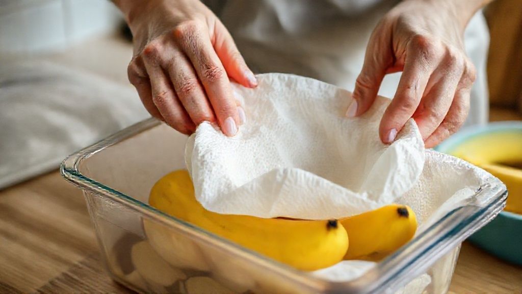 Mãos forrando pote com papel-toalha e acomodando bananas maduras no recipiente