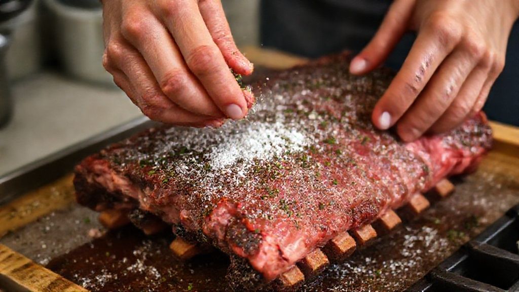 Mãos temperando a costela com ervas e sal grosso antes de levar ao forno