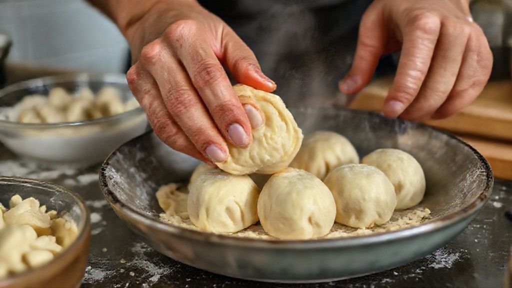 Mãos modelando coxinhas e recheando com frango cremoso durante o preparo