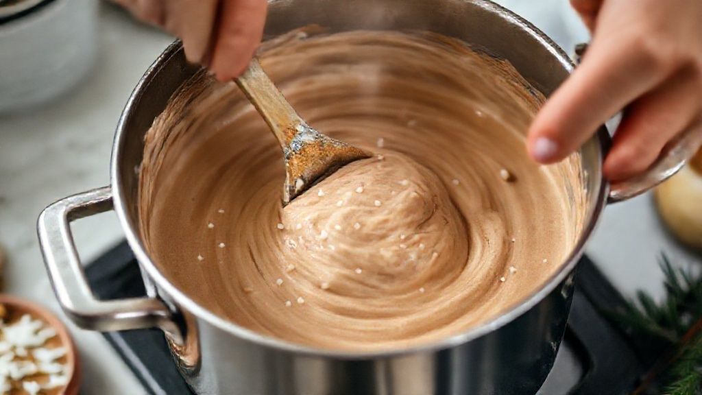 Mãos mexendo o creme na panela, mostrando a textura cremosa ganhando consistência no cozimento