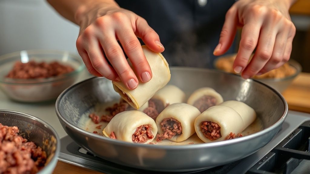 Mãos moldando croquetes de carne antes de empanar e fritar, em ambiente de cozinha caseira