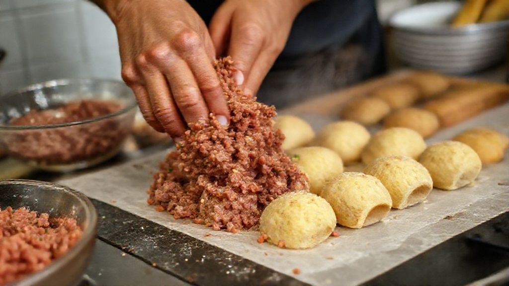 Mãos em ação durante o preparo da massa de croquete de carne moída