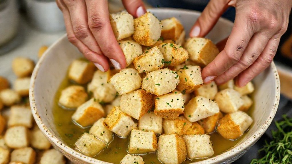 Mãos misturando cubos de pão com azeite e temperos em tigela grande antes de levar ao forno