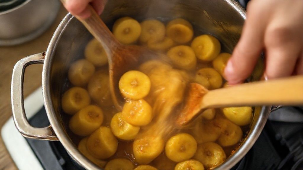Mãos mexendo o doce de banana em panela de fundo grosso durante o cozimento