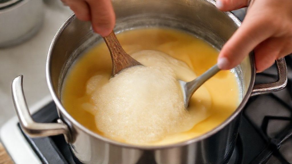 Mãos mexendo o doce de leite em panela de fundo grosso durante o cozimento