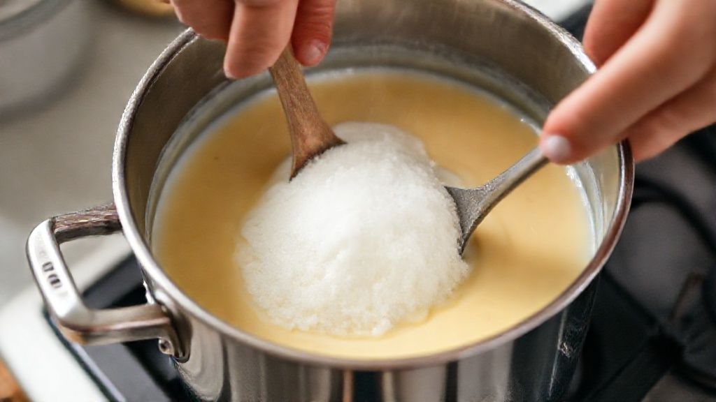Mãos mexendo o leite e açúcar em panela de fundo grosso durante o cozimento