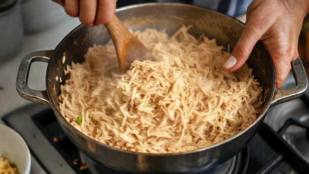 Mãos em ação refogando o frango desfiado com temperos e molho em panela.