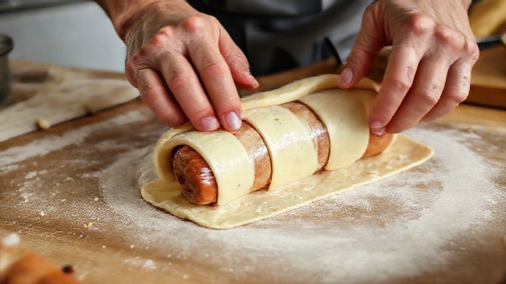 Mãos enrolando a massa com a salsicha durante o preparo do salgado