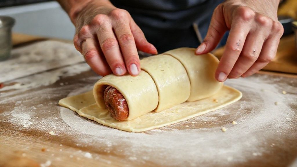 Mãos enrolando a massa ao redor das salsichas sobre uma superfície enfarinhada