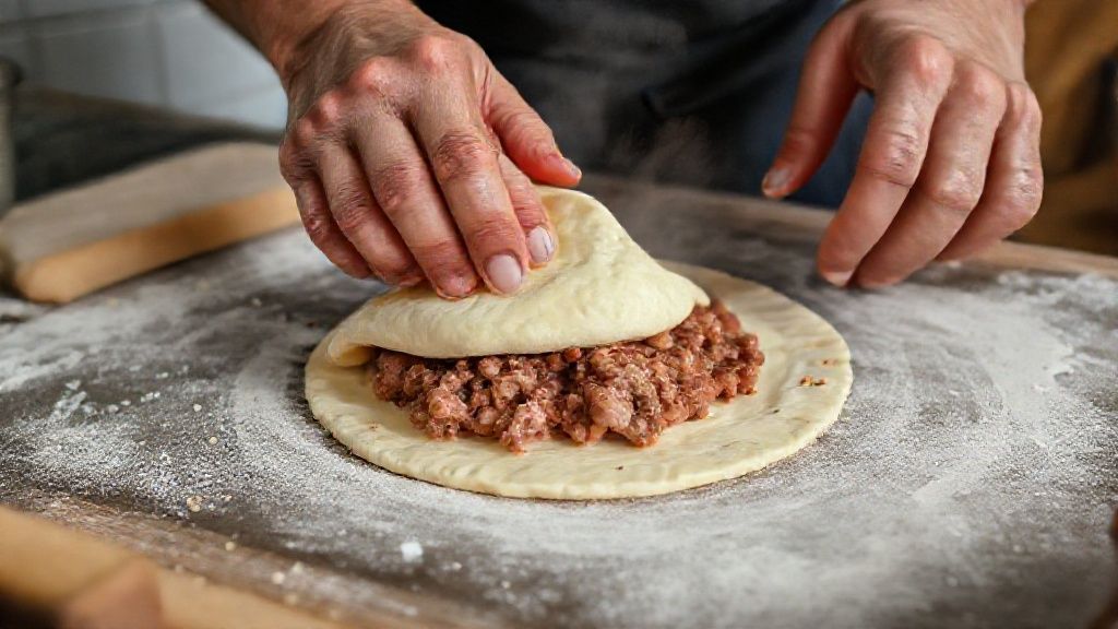 Mãos moldando a massa e recheando com carne moída e mussarela em uma cozinha bem iluminada