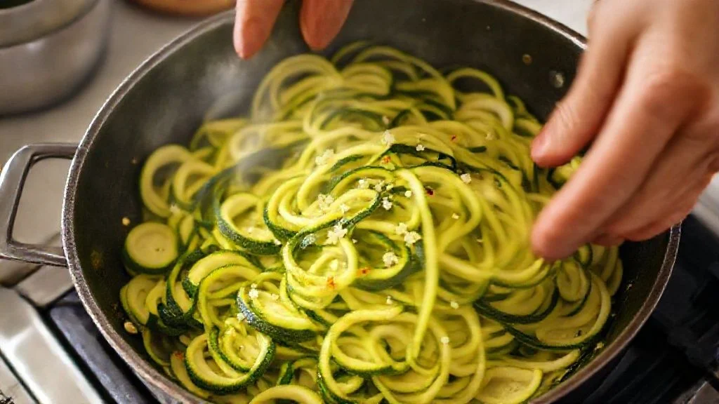 Mãos salteando as tiras de abobrinha com alho em frigideira, durante o preparo da receita