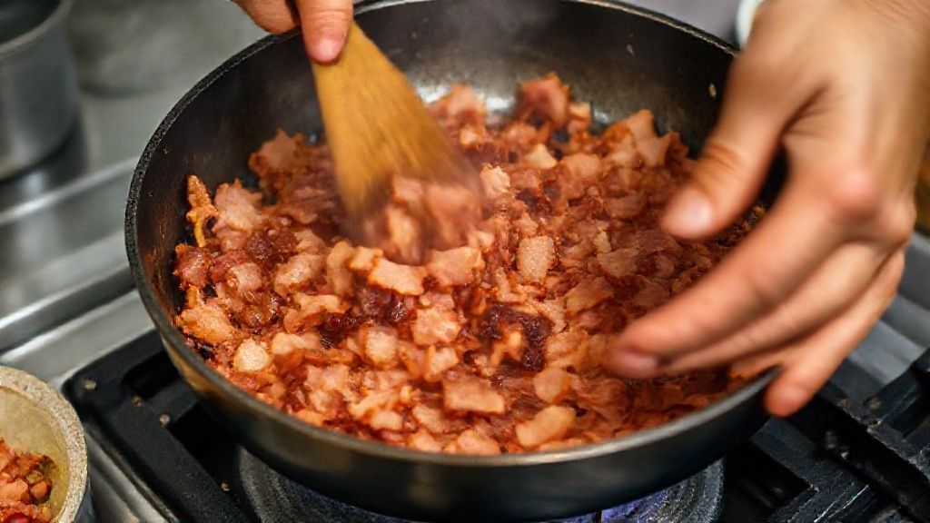 Mãos refogando bacon e calabresa em frigideira, mostrando o passo crucial do preparo da farofa