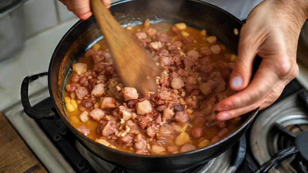 Mãos refogando bacon e linguiça em panela de ferro, primeiro passo do preparo da fava nordestina