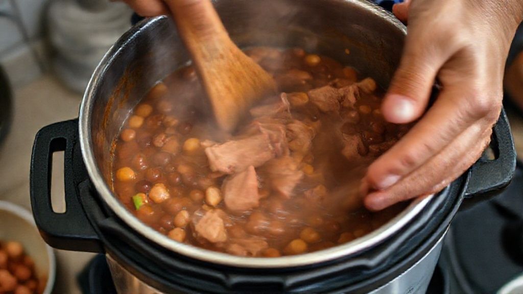 Mãos mexendo o refogado de carnes e feijão em panela de pressão durante o preparo da feijoada.