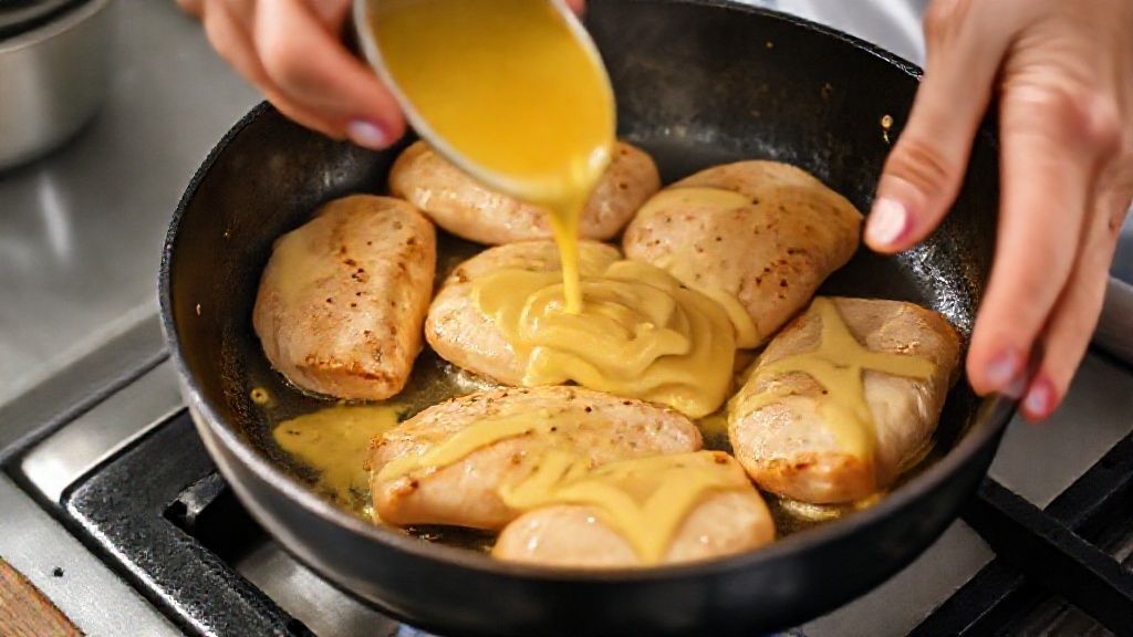 Mãos dourando filés de frango em frigideira e incorporando o molho cremoso de mostarda