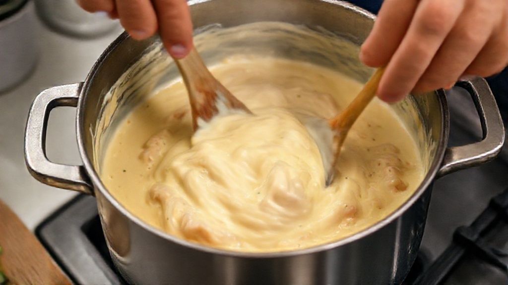 Mãos misturando o frango desfiado com o creme de milho em panela no fogão, mostrando o preparo cremoso