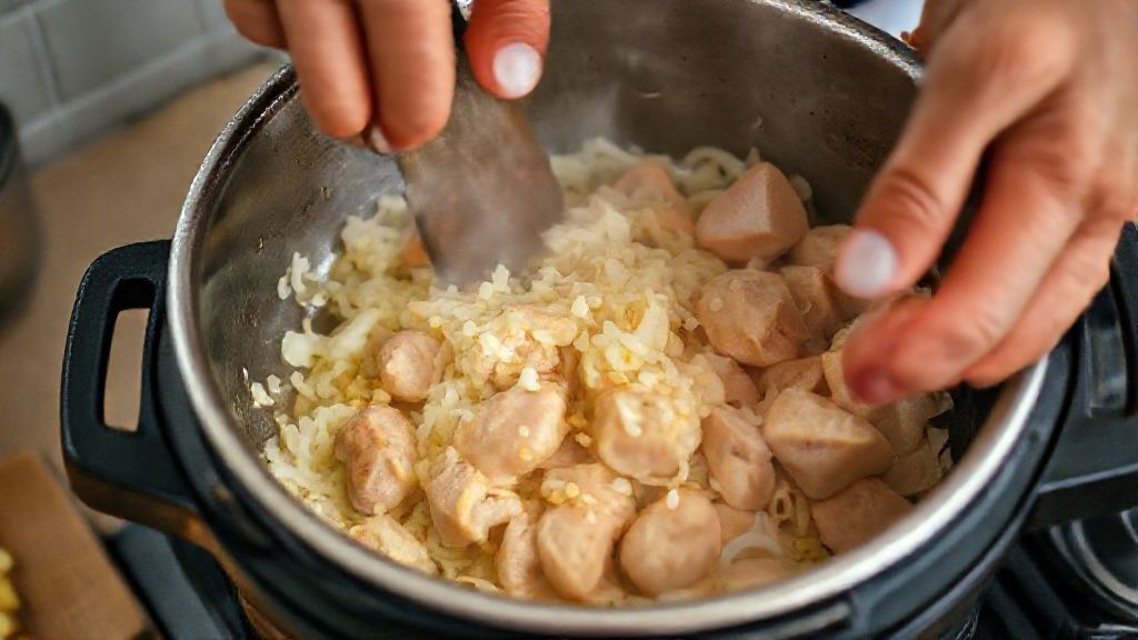 Mãos refogando alho e cebola em panela de pressão, com pedaços de frango sendo adicionados aos temperos.