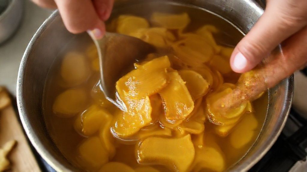 Mãos mexendo o gengibre em calda espessa durante o processo de cristalização na panela.