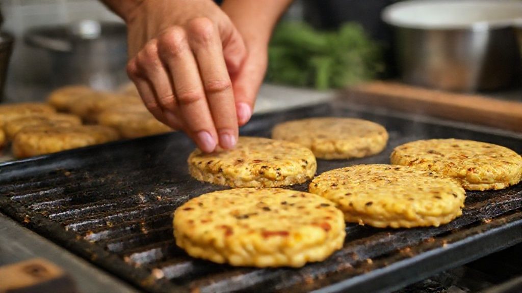 Mãos moldando os hambúrgueres de milho sobre uma superfície untada antes de grelhar