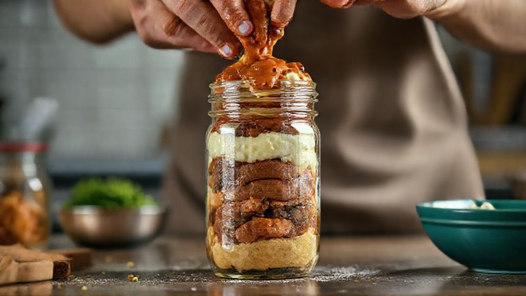 Mãos montando o hot dog no pote, colocando camadas de purê, pão e molho de salsicha quente