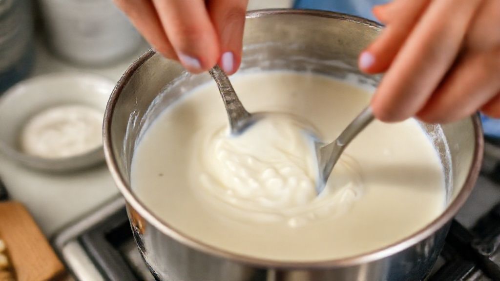 Mãos misturando leite e iogurte em uma panela durante o preparo do iogurte grego