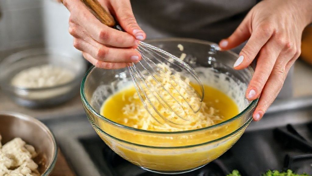 Mãos misturando ovos e queijos em uma tigela durante o preparo do jantar saudável low carb