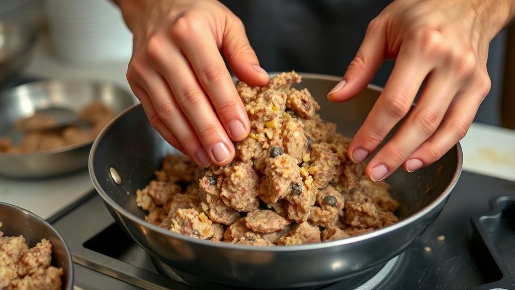 Mãos modelando o kibe com a massa de carne e trigo, mostrando o processo artesanal antes da fritura