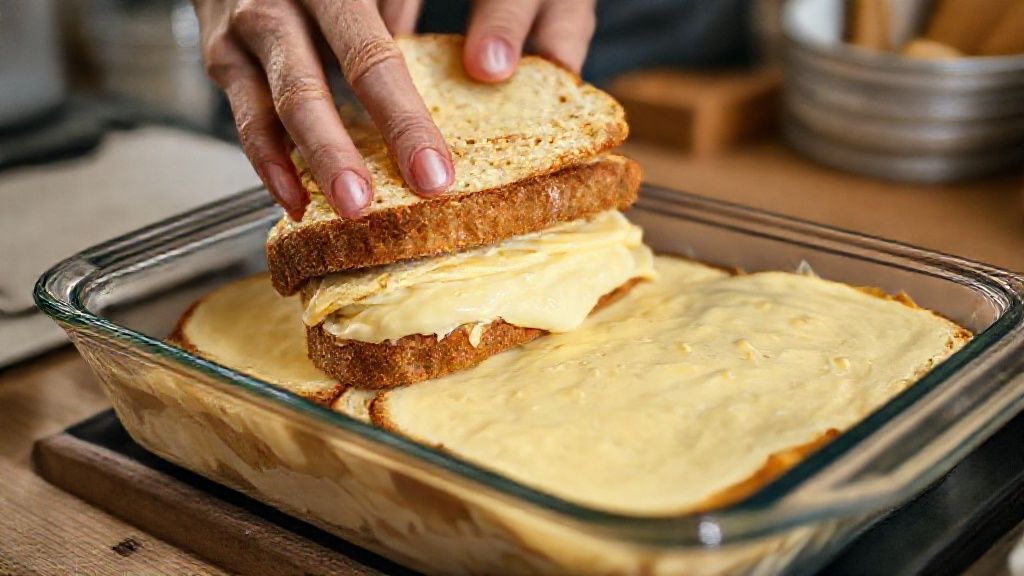 Mãos montando camadas do lanchão, espalhando o creme e colocando fatias de queijo em uma travessa.