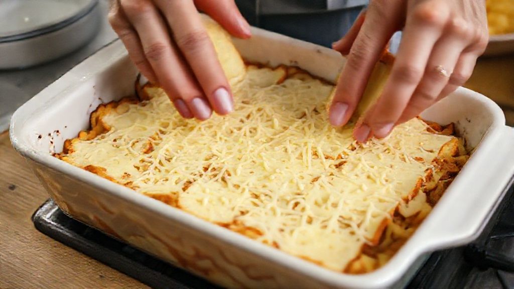 Mãos montando camadas de pão, creme e queijo em uma forma antes de levar ao forno