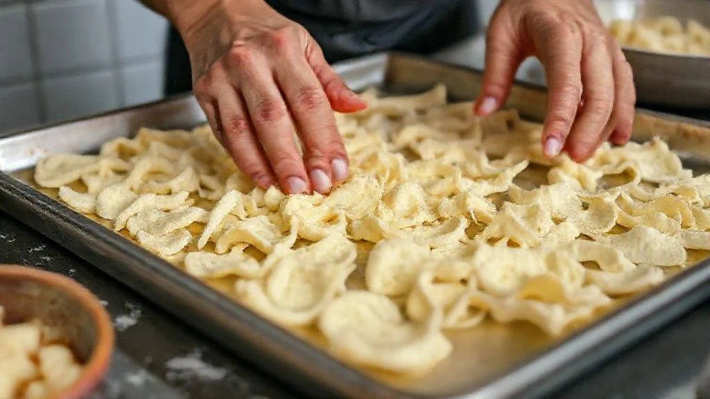 Mãos espalhando a massa fina de polvilho em uma assadeira antes de levar ao forno