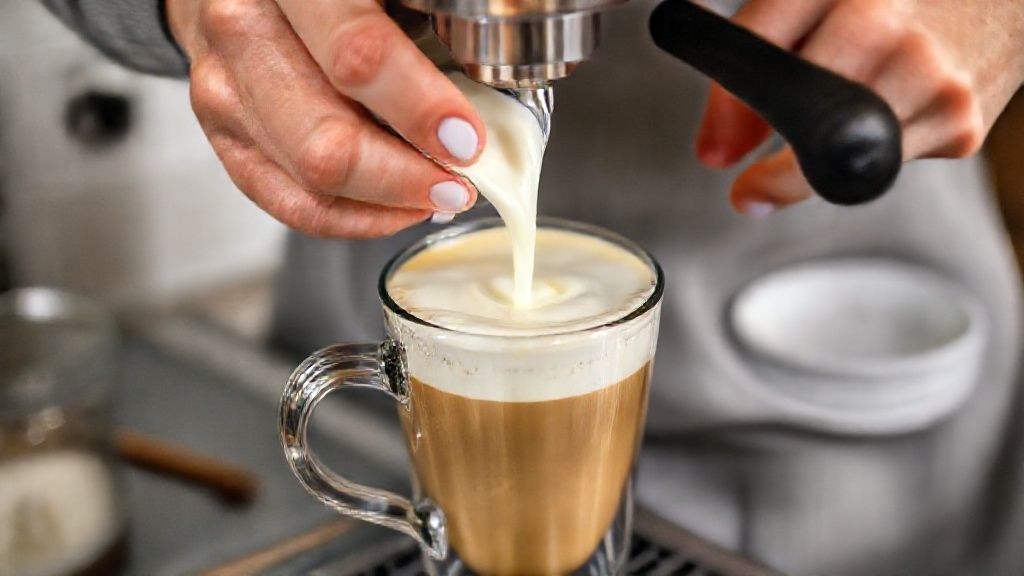 Mãos despejando leite vaporizado sobre o café, criando um latte cremoso com camadas