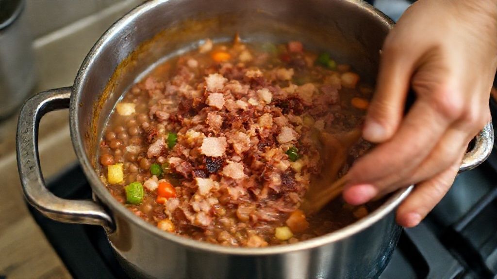 Mãos refogando bacon e legumes em uma panela durante o preparo da lentilha