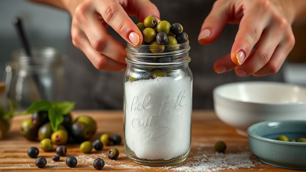 Mãos rompendo jabuticabas e montando camadas com açúcar em pote de vidro