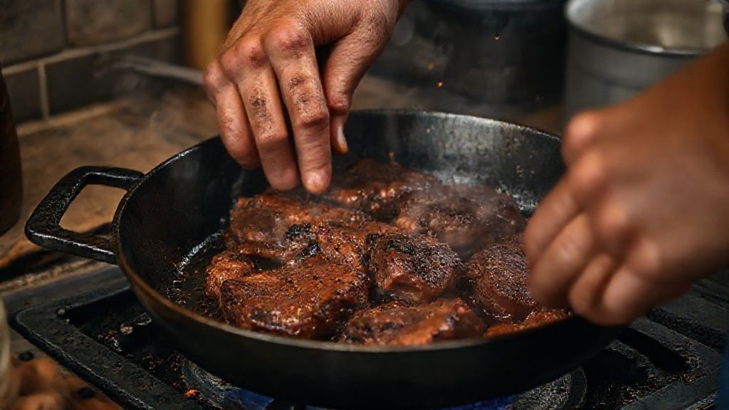 Mãos dourando pedaços de língua em panela de ferro com refogado de cebola e alho