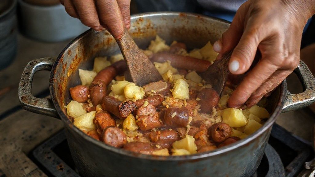 Mãos adicionando linguiça e mandioca na panela durante o preparo do ensopado