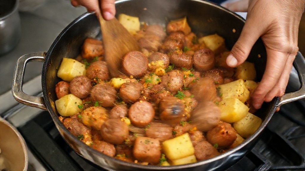 Mãos mexendo a panela durante o refogado da linguiça e temperos.