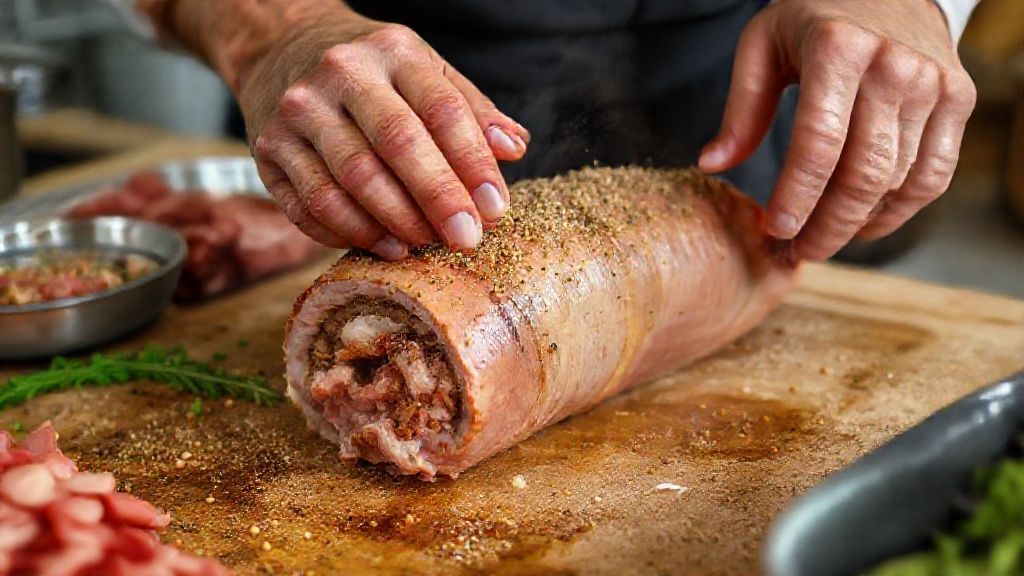 Mãos temperando o lombo e espalhando a farofa antes de enrolar a carne para o cozimento