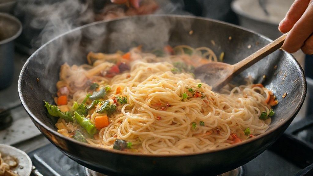 Mãos salteando macarrão de arroz com legumes em uma wok, durante o preparo.