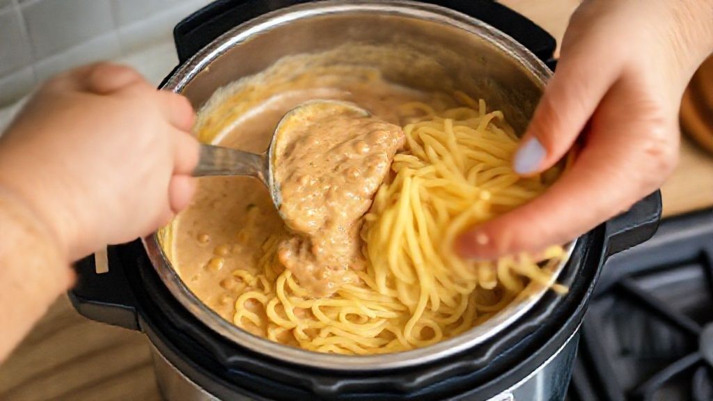 Mãos mexendo o molho e adicionando o macarrão cru na panela de pressão