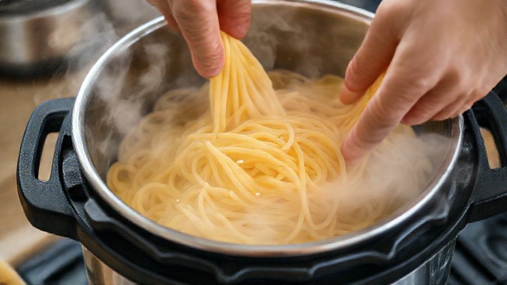 Mãos mexendo o macarrão na panela de pressão após abrir a tampa, incorporando o creme de leite e queijo.