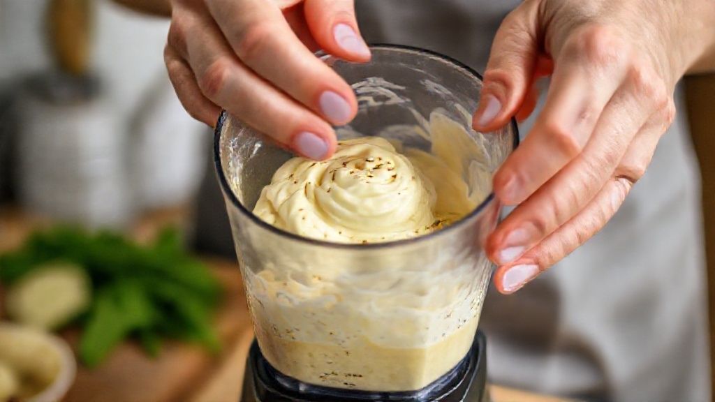 Mãos em ação batendo os ingredientes no liquidificador para fazer a maionese sem óleo.