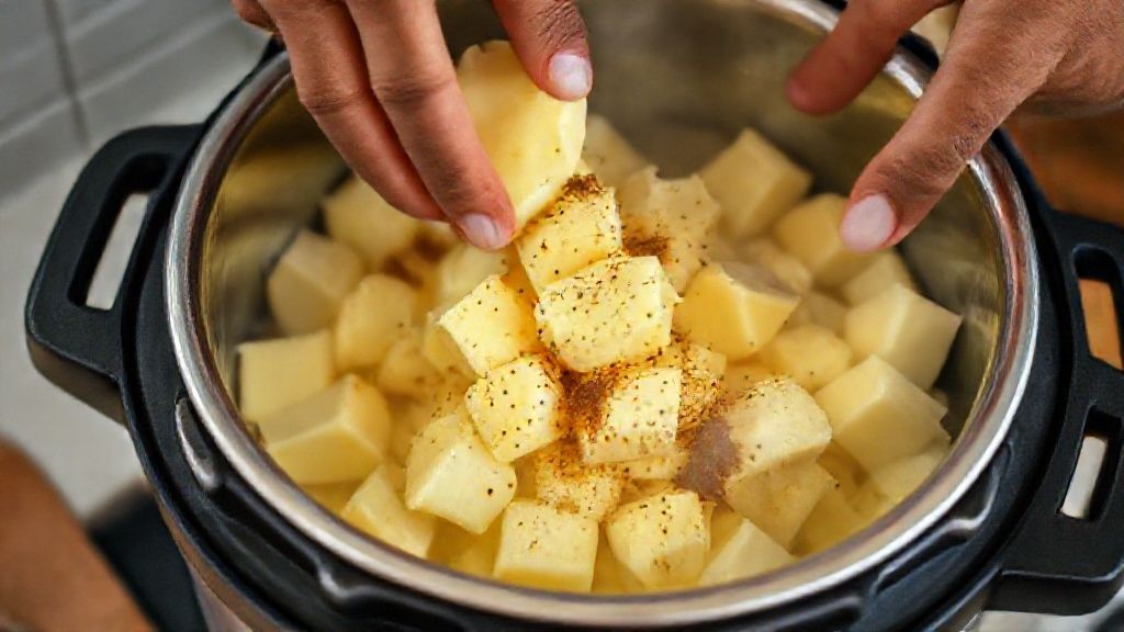 Mãos colocando pedaços de mandioca na panela de pressão com temperos e manteiga.
