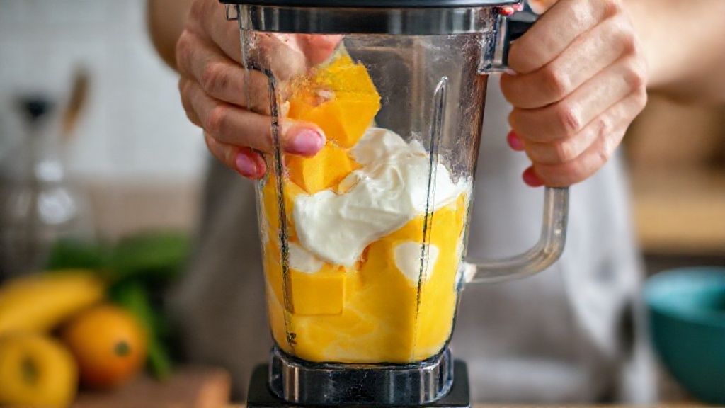Mãos adicionando pedaços de manga no liquidificador com iogurte durante o preparo.