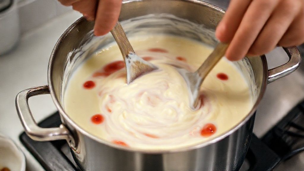 Mãos mexendo creme branco em panela durante o cozimento do manjar, com textura cremosa e vapor suave