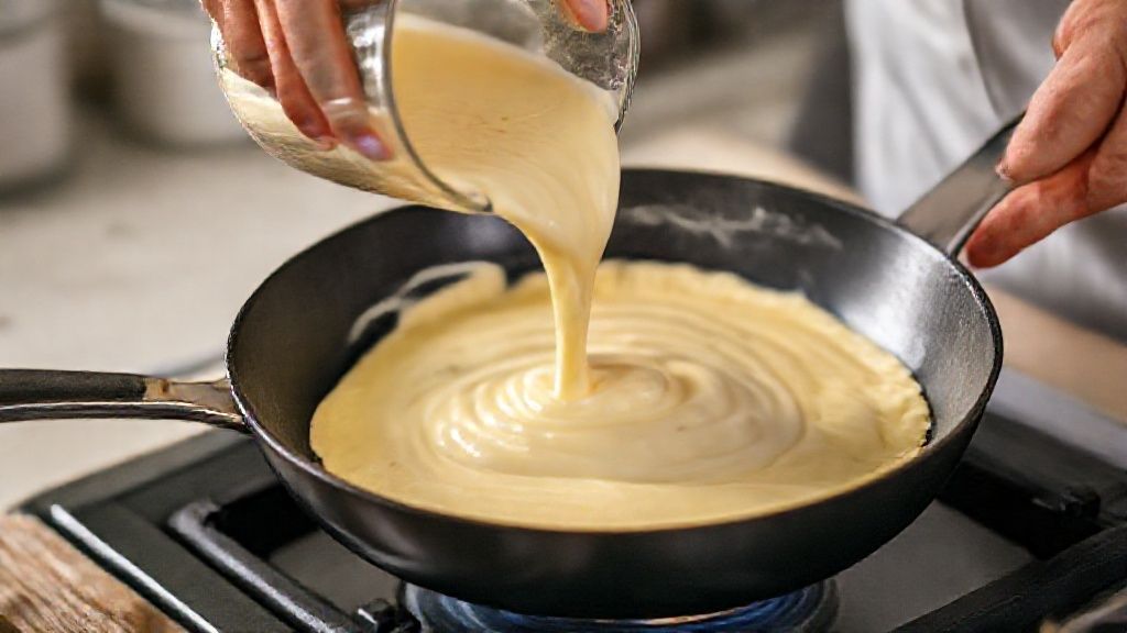 Mãos despejando a massa líquida na frigideira quente, formando uma panqueca uniforme.