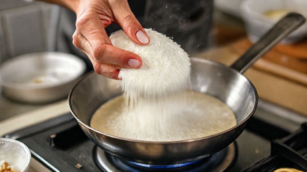 Mãos peneirando a goma na frigideira quente, mostrando o momento de formação da tapioca