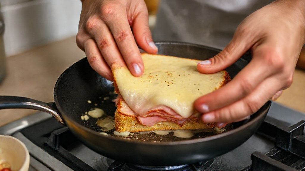Mãos tostando o sanduíche em uma frigideira quente, pressionando levemente com espátula