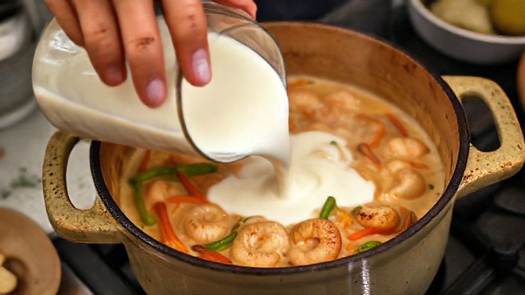 Mãos adicionando leite de coco na panela de barro com os camarões refogados e pimentões