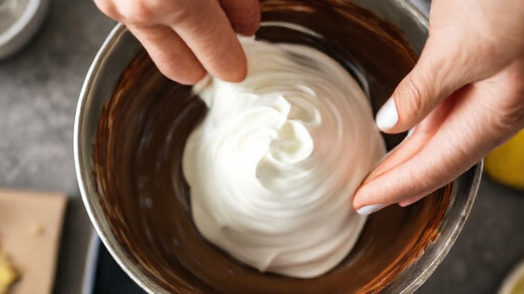 Mãos misturando delicadamente o chocolate derretido com o creme batido durante o preparo.